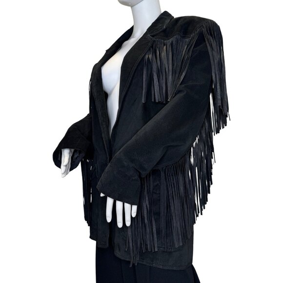 Vintage Winlit Size M Suede Fringe Jacket Black Western - Picture 1 of 13